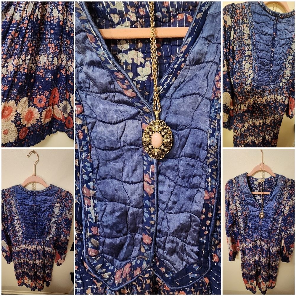 S/M True Vintage Hippie Boho Festival Midi Dress Floral Sheer Quilted Lurex